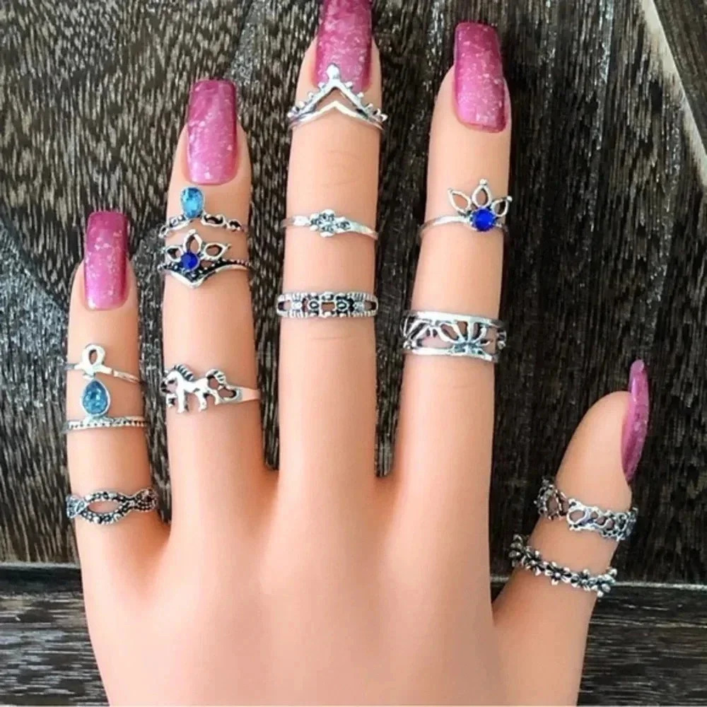 13 Piece Midi Ring Set Silver Tone Blue Faux Sapphire Faux Aquamarine New NWT